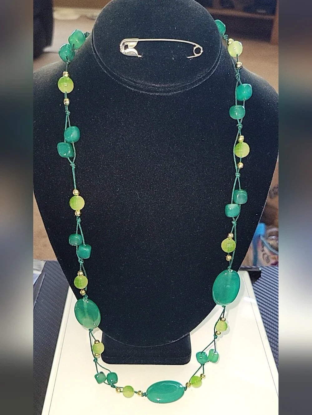 Green Glass Bead Statement Necklace Adjustable Boho Artisan Jewelry